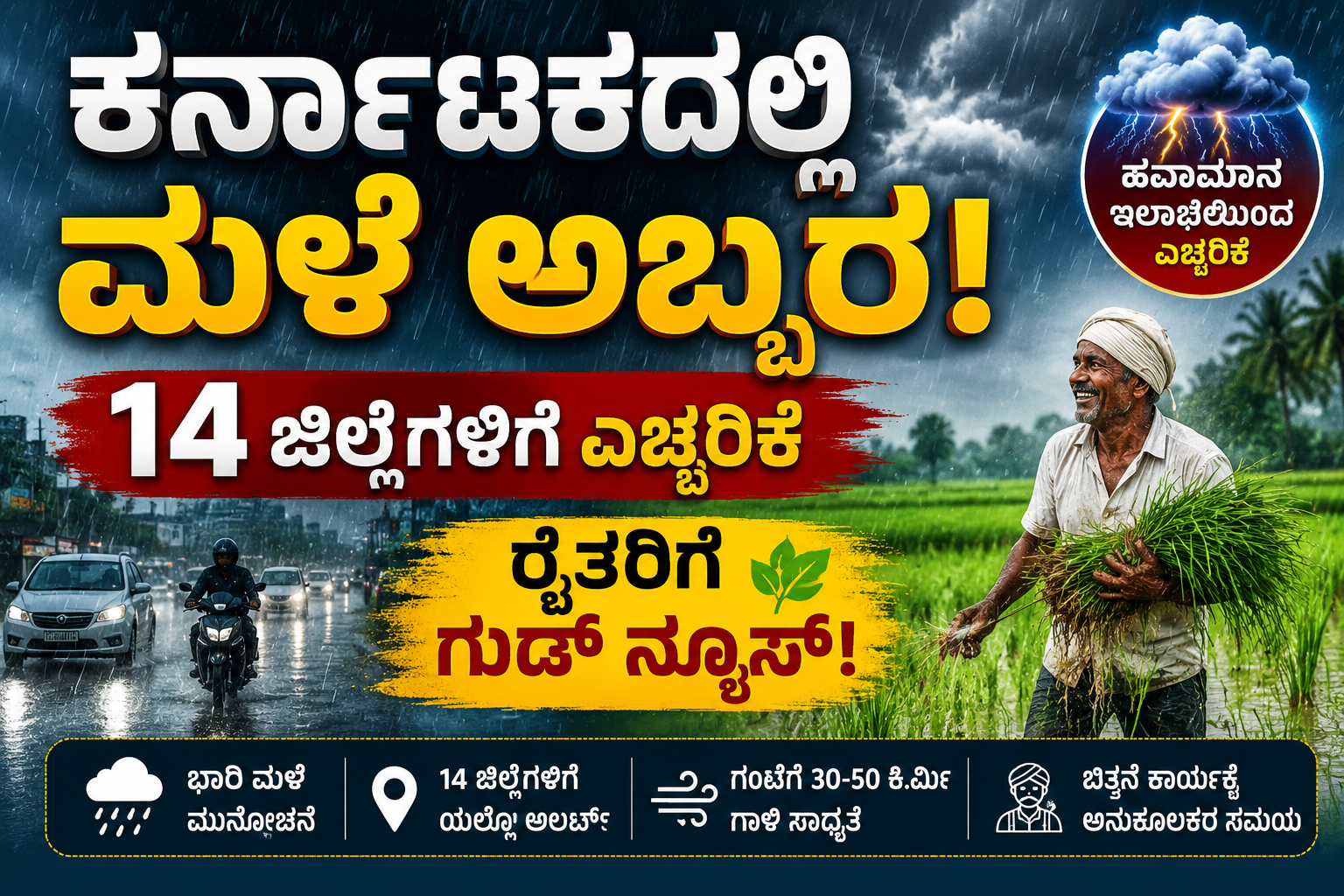 “ಕರ್ನಾಟಕದಲ್ಲಿ ಮಳೆ ಅಬ್ಬರ: 14 ಜಿಲ್ಲೆಗಳಿಗೆ ಎಚ್ಚರಿಕೆ, ರೈತರಿಗೆ ಗುಡ್ ನ್ಯೂಸ್!”